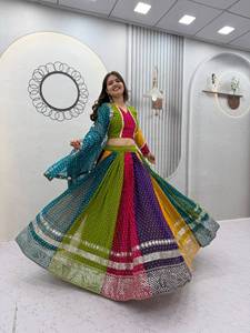 Ensemble Lehenga en Chiffon Color Block avec Ornements en Strass, Tenue Traditionnelle Indienne pour Mariage, Vêtement Ethnique pour Femme - Product Image 1