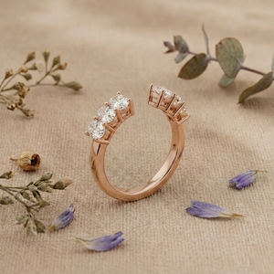 14K Rose Gold Oval Diamond <b>Open</b> <b>Ring</b> Adjustable Double Row Diamond <b>Ring</b> Women Fine Jewelry - Product Image 2