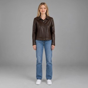 Veste de moto en cuir véritable marron pour femme, fermeture éclair, col rabattable, manteau de motard, cuir d'agneau véritable pour femme - Product Image 3