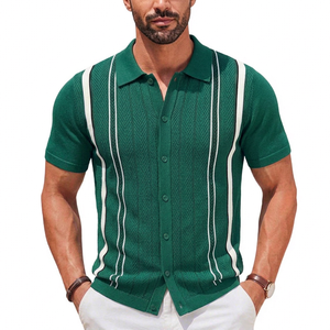 Polo en tricot rayé vert pour homme, manches courtes, décontracté, boutonné devant, respirant, en coton, coupe classique - Product Image 3