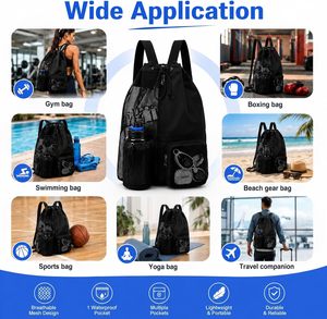 Black Mesh Drawstring <b>Backpack</b> with Water Bottle Pocket and Boxing Gloves Storage for Gym <b>Training</b> - Product Image 5