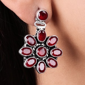 Oxidized Silver Plated Brass Flower Drop Earrings Red Garnet | Vintage Indian Ethnic Jewelry for Women | Party Statement - Product Image 3
