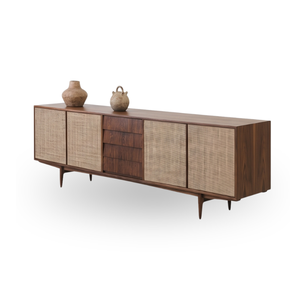 Commode moderne en bois de teck avec portes cannées, meuble de rangement autoportant en bois massif pour appartement, chambre et salon - Product Image 3