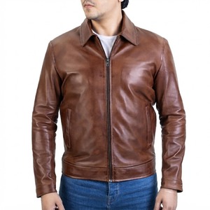 Blouson en cuir véritable et toile marron pour homme, style motard, col rabattu, fermeture éclair, coupe classique, pour l'automne - Product Image 4