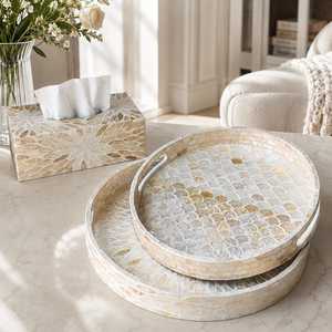 Handmade Mother of Pearl <b>Tray</b>, Shell Inlay Decorative Serving <b>Tray</b>, <b>Round</b> Coffee <b>Table</b> <b>Tray</b>, Luxury Housewarming Gift - Product Image 3