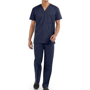 Men's Navy <b>Blue</b> V-Neck <b>Scrub</b> Set Cotton Polyester Woven Hospital Uniform Pants Included - Product Image 1