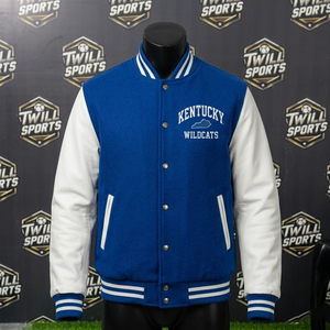 Veste universitaire Kentucky pour homme, bleu et blanc, manches brodées, style bomber, vêtement décontracté d'automne, laine/nylon, bouton unique - Product Image 2