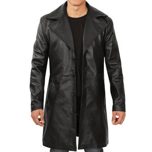 Abrigo de cuero duradero para hombre con manga larga, corte largo y solapa elegante para clima frío. - Product Image 1