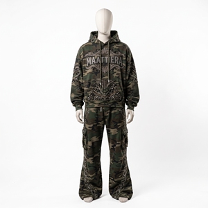 Mens <b>Camouflage</b> <b>Cargo</b> Hoodie Tracksuit Rhinestone Embroidery Wide Leg <b>Pants</b> Custom Streetwear Sportswear Matching Set - Product Image 3