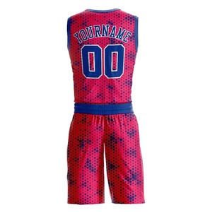 Conjunto de Uniforme de Baloncesto Personalizado en Rojo y Azul Rey, Sublimado con Diseño Hexagonal, Patrón Halftone para Hombre, Transpirable, Ropa Deportiva para Equipo - Product Image 6