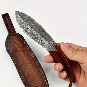 Couteau de chasse à lame fixe en acier inoxydable Feather, manche en bois, étui en cuir, couteau de chef, DIY OEM, multi-usages - Product Image 3