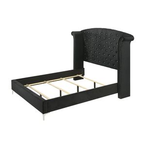 Elegante Testiera per Letto Queen Size con Bottoni e Schienale Alto, in Legno, Metallo e Tessuto Nero Imbottito, Arredamento Camera da Letto - Product Image 4