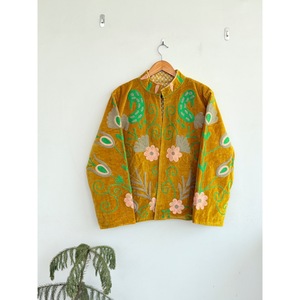 SHYAM EXPORT Hand Embroidered 100% Cotton Canvas Varsity <b>Jacket</b> Women's <b>Mandarin</b> <b>Collar</b> Floral Pattern Short Winter Full Sleeve - Product Image 1