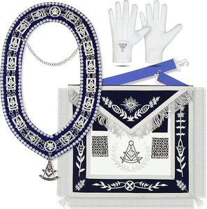 Masonic Premium Lambskin Grand Master <b>Silver</b> Wreath Embroidered Apron With Chain Collar And <b>Gloves</b> - Premium Embroidery - Product Image 2