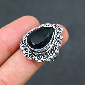 Bague en argent sterling 925 avec onyx noir synthétique et pierre en forme de poire, faite à la main, ornée de pierres précieuses turquoise, bijoux de mariage – Nouveauté très prisée - Product Image 1