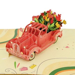Tarjetas de felicitación 3D florales hechas a mano con un coche rojo vintage y un ramo de tulipanes, tarjeta 3D emergente para el Día de San Valentín - Product Image 4