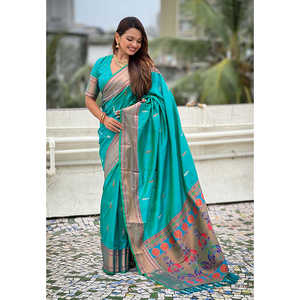 Sari en soie Paithani traditionnel Elite Weaves Aqua Blue Yeola, robe de soirée tissée double Zari, 650g - Product Image 1