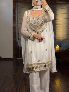 Young Exports White Embroidered Silk Indian Traditional Stitched Salwar Kameez Set Dupatta Mirror Work Women Ethnic Wear All - Product Image 1