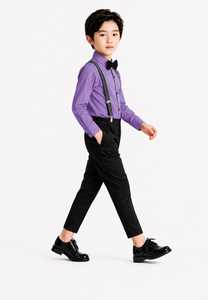 Vêtements pour enfants de marque, chemise boutonnée pour garçons avec pantalon noir classique et ensemble de bretelles rayées - Product Image 5