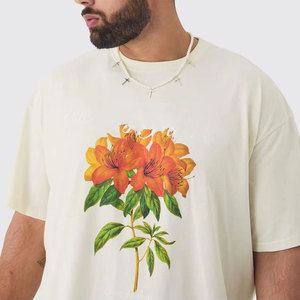 <b>Men's</b> Cream Oversized Cotton Jersey <b>T</b>-<b>Shirt</b> O-Neck Short Sleeve <b>Floral</b> Print Casual Style Breathable Fit - Product Image 3