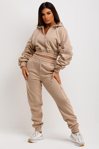 Ensemble de survêtement beige pour femme, sweat à capuche court avec cordon de serrage, pantalon de jogging à manches longues, couleur unie, coupe décontractée, tenue d'automne - Product Image 5