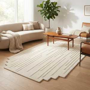 Tapis rectangulaire en laine/coton tufté à la main, crème, design moderne, antidérapant, adapté aux animaux domestiques, à poils longs et épais - Product Image 2
