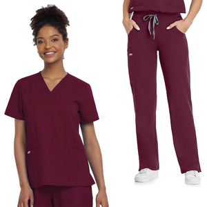 Conjunto de uniforme médico color borgoña para mujer, con blusa de cuello en V con bolsillos y pantalones con cordón ajustable, uniformes de hospital para enfermeras y médicos - Product Image 1