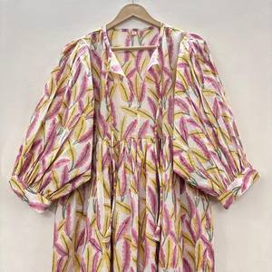 Vestido Casual Midi para Mujer, Tejido 100% Algodón, Liso, Manga Corta, Cintura Imperio, Estilo Babydoll, Cuello en V, Holgado, Funcional - Product Image 1