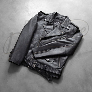 Men's Premium Black Real Leather Racer <b>Jacket</b> - Slim Fit Genuine <b>Sheepskin</b> Biker Coat with Chest Zip Pockets - Product Image 6