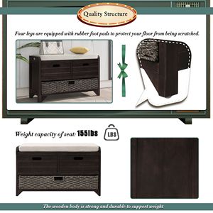 Fully Assembled Shoe <b>Storage</b> Bench with Removable Cushion and 2 Drawers Includes Removable <b>Basket</b> - Product Image 5