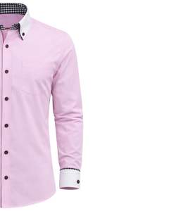 Chemise habillée rose ajustée pour homme, manches longues, boutonnée, col et poignets contrastants, formelle et décontractée, pour le bureau, en mélange de coton, OEM - Product Image 4