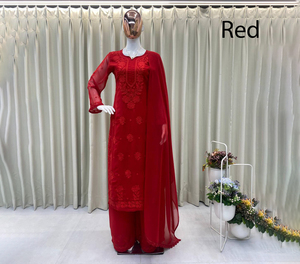Conjunto de Salwar Kameez de Algodón Bordado Rojo, Corte Holgado, Largo hasta el Suelo, Ropa Étnica Tradicional India y Pakistaní para Mujer - Product Image 1