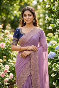 AARA Fashion <b>Purple</b> Traditional <b>Saree</b> Navy Blue Blouse for Women Wedding Wear Sun Protection Polyester Material Floor Length - Product Image 2