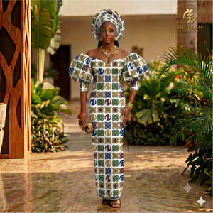 Robe longue en tissu wax africain marron et noir avec manches bouffantes et ensemble de foulard Gele assorti - Product Image 6