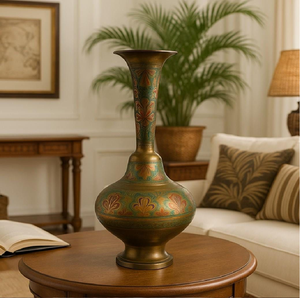 Tall antique-style brass <b>vase</b> with a scalloped rim and a hexagonal flower-etched body. Available at wholesale price. - Product Image 4