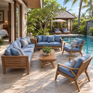 Tropical <b>Outdoor</b> Garden <b>Sofa</b> Set Wooden Frame White <b>Cushions</b> Waterproof Villa Furniture - Product Image 2