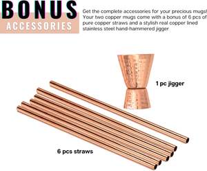 Tasses à Moscow Mule en cuivre avec revêtement en acier inoxydable, lot de 6 de 18 oz avec pailles, doseur, cuillère et brosse, résistantes au ternissement - Product Image 4