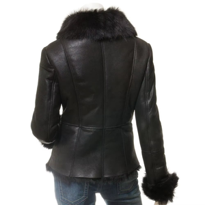 Women's Genuine Sheepskin Leather Motorcycle Jacket With Fox Fur Collar And Cuffs Winter Style Zipper Closure - Product Image 3