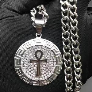 Collar de Cadena Cubana con Colgante Redondo de Moissanita Color Plata y Amuleto Ankh para Hombre, Joyería Streetwear - Product Image 4