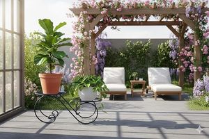 Support de plante décoratif en métal pour usage intérieur et extérieur avec un design élégant à motifs courbés, support à fleurs à double niveau - Product Image 6