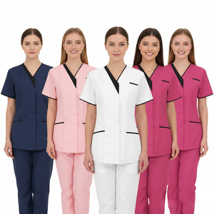 <b>Blue</b> V-Neck Unisex Medical <b>Scrub</b> Set Short Sleeve Printed Nursing Uniform Cotton Polyester Needle Detection Woven Hospital - Product Image 1