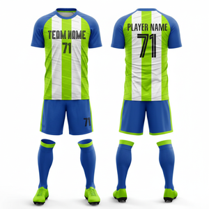 Custom Soccer Jersey Set Men Blue Green White Striped Sublimated Print Moisture Wicking All Seasons Adult Football Uniform - Product Image 1