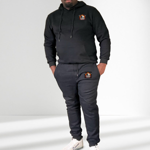 Ensemble de survêtement noir à capuche pour homme, grande taille, décontracté, avec logo imprimé, pantalon et sweat-shirt pleine longueur, couleur unie, tenue de jogging - Product Image 1