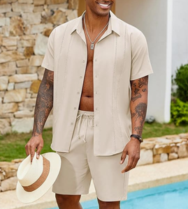 Ensembles cubains pour hommes, 2 pièces, ensemble assorti chemise et short pour les vacances d'été - Product Image 4