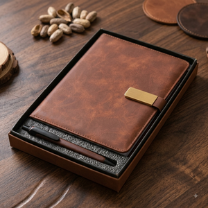 Carnet de notes A5 Aurelux en cuir PU marron, multicolore, relié, avec fermoir doré, gaufrage à chaud, pour notes professionnelles, logo personnalisé - Product Image 2