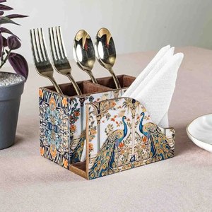 Porte-serviettes minimaliste en bois naturel écologique avec poignée en fer, décoratif, fait main, durable, compatible lave-vaisselle, pour couverts - Product Image 6