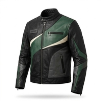Blouson en cuir de vachette véritable pour homme, vert forêt émeraude, noir, à rayures ondulées diagonales, avec bordure crème, col montant, style motard