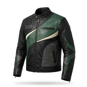 <b>Mens</b> Real Cowhide Leather <b>Jacket</b> Emerald Forest <b>Green</b> Black Diagonal Curved Wave Stripe Cream Trim Stand Collar Biker Outerwear - Product Image 4