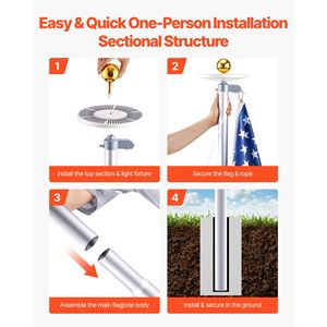 Kit de mât de drapeau sectionnel robuste de 20 pieds avec 136 LED solaires pour extérieur, maison, jardin, en aluminium - Product Image 5