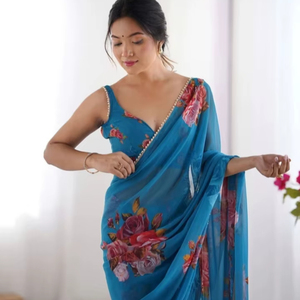 Sari de Rayón Georgette Estampado KV - Sin Arrugas, Reversible, de Secado Rápido, para Fiestas, Bodas, Diwali, Estilo Bollywood - Product Image 1